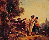 Fence Paintings - Swabian Girls at a Garden Fence by Carl Spitzweg